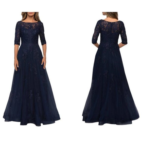 NWOT LA FEMME Floral Lace & Tulle Gown in Navy (10) - Picture 11 of 11